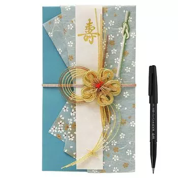 Подарочный пакет RingLeaf с ручкой-кистью Цветущий подарочный пакет Свадебный мешок Noshi Внутренний пакет Mizuhiki Полоска бумаги Ручка-кисть Стоимость до йен Цветочный синий