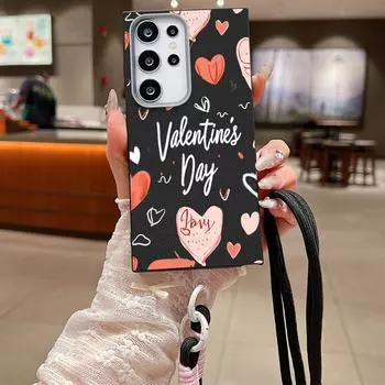 Подарочный ударопрочный чехол из ТПУ с принтом ко Дню святого Валентина для Samsung S25 Ultra S24 FE S23 S22 S21 A16 A55 A15 A56 A36, тонкий матовый чехол через плечо Samsung S25 чёрный