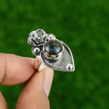 Подарок для нее Серебряное кольцо 925 пробы с натуральным лабрадоритом, обещание, цветок, регулируемое Adjustable