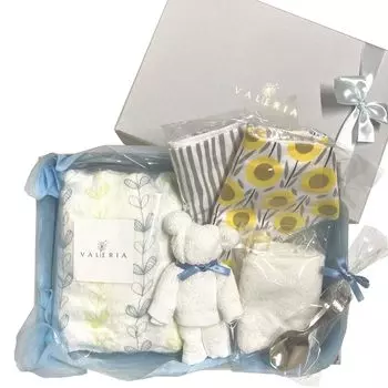 Подарок для ребенка Популярный подарочный набор для новорожденных из органического хлопка Пеленка Нагрудник Полотенце Медведь Детская ложка для мальчиков и девочек [ВАЛЕРИЯ] синий