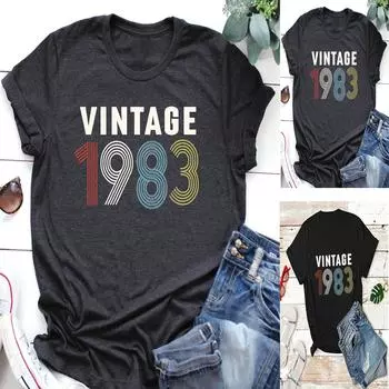 Подарок на 40-летие, винтаж 1983, женская повседневная рубашка с буквенным принтом, футболки с круглым вырезом и короткими рукавами, блузки с короткими рукавами и круглым вырезом, рубашки XXL чёрный