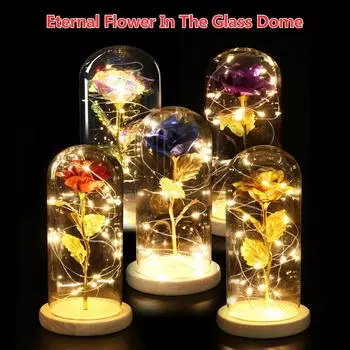 Подарок на день рождения Красивый сохранившийся цветок розы Светодиодный светильник со стеклянной крышкой на деревянной основе День Святого Валентина синий