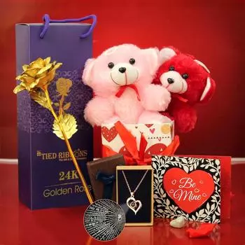 Подарок на День святого Валентина для девушки, жены, девушки, женщины - романтическая открытка с плюшевым мишкой и искусственным золотым цветком розы с коробкой-корзиной