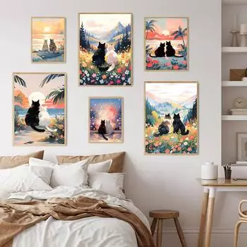 Подарок на День Святого Валентина, романтический милый кот, пара, закат, пляж, постеры, холст, картина, настенная живопись, принт, подарок маме для комнаты, домашний декор 21x30cm No Framed светло-серый