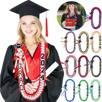 Подарок на выпускной с венком, лентой и разноцветным набором почетных веревок ручной работы One Size синий