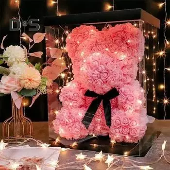 Подарок в виде мишки из роз 11-дюймовый искусственный цветок, мишка из роз со светодиодной подсветкой, подарок на День святого Валентина для любимого, партнера, друга белый