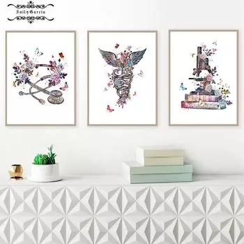 Подарок врачу, медицинское устройство, кадуцей, стетоскоп, микроскоп, плакат, акварельная живопись, печать на холсте, настенный художественный декор для клиники 21*30cm