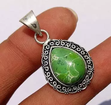 Подарок Зеленый бирюзовый драгоценный камень 925 пробы посеребренный кулон junp-38 3 Cm зелёный