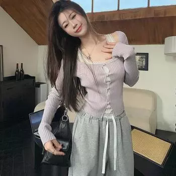 Поддельная двухкомпонентная фиолетовая трикотажная рубашка женская ранняя осень шикарная милая красотка кружево внутри короткий топ S