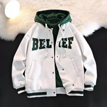 Поддельная двухкомпонентная куртка с капюшоном, свободная американская куртка, мужская весенне-осенняя высококачественная бейсбольная майка M чёрный