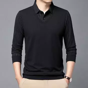 Поддельная двухкомпонентная осенняя мужская футболка с длинными рукавами в полоску с лацканами для среднего возраста, удобная футболка в деловом стиле для мужчин M