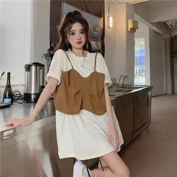 Поддельная двухкомпонентная удлиняющая футболка для женщин, свободные универсальные футболки с коротким рукавом, женская летняя одежда с круглым вырезом M