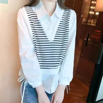 Поддельная двухполосная рубашка женская осенняя рубашка поло с воротником на шнурке с длинным рукавом шифоновый топ красивая блузка S белый