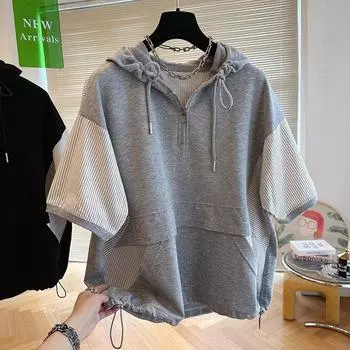 Поддельная футболка из двух частей с короткими рукавами для женщин на лето, большой размер, свободная универсальная повседневная футболка с капюшоном, маленькая рубашка L серый