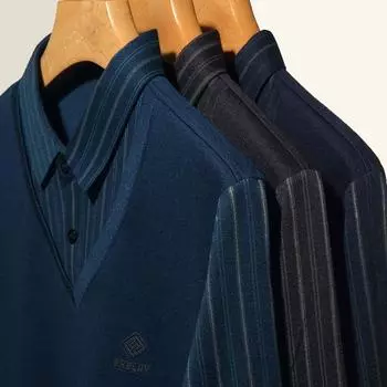 Поддельная футболка из двух предметов с длинными рукавами, мужская весна и осень, новая полосатая рубашка с воротником в форме сердца, тонкая рубашка-поло для мужчин среднего возраста M