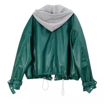 Поддельная кожаная куртка из двух частей, свободное пальто, женская, осень 2024 года, новый свитер с капюшоном и шнурком контрастного цвета, кожаная куртка S чёрный