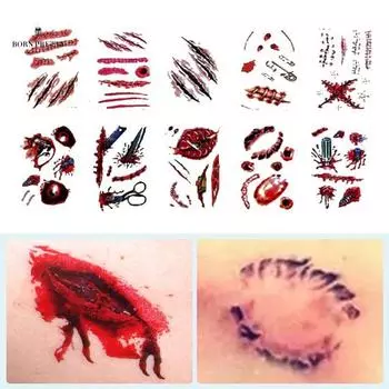 Поддельная кровь, шрамы, порезы и травмы татуировки зомби на Хэллоуин очень реалистичны по дизайну, вы можете добавить немного крови, чтобы сделать