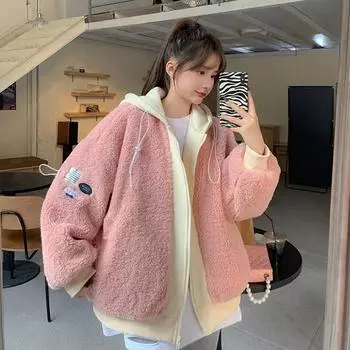 Поддельная куртка из двух частей, женская осень и зима, большой плюшевый свободный свитер с капюшоном, утепленная и утепленная куртка с длинными рукавами, женская одежда S розовый