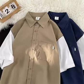 Поддельная рубашка из двух частей с короткими рукавами для мужчин, летняя американская ретро-модная повседневная рабочая рубашка, куртка M хаки