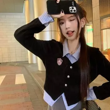 Поддельная рубашка из двух частей в студенческом стиле для женщин с короткими лацканами, контрастная полосатая блузка, корейский женский универсальный модный топ S