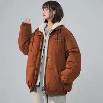 Поддельное двухкомпонентное простое хлопковое пальто с подкладкой, женское зимнее уличное американское ретро-хлебное платье с капюшоном, модная парная хлопковая одежда M бежевый