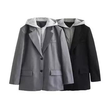 Поддельное пальто из двух частей с капюшоном для женщин, повседневное свободное пальто с отложным воротником, сшитый костюм на раннюю весну, большие размеры L чёрный