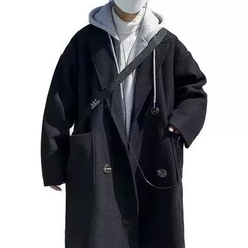 Поддельное шерстяное пальто из двух предметов, мужское осенне-зимнее корейское модное пальто большого размера с капюшоном, уличная мужская толстая теплая шерстяная куртка M хаки