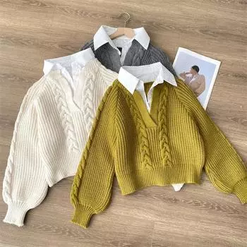 Поддельные два свитера женские ранняя осень дизайн чувство небольшая толпа свободный Жареный Тесто Твисты вязание топ one size белый