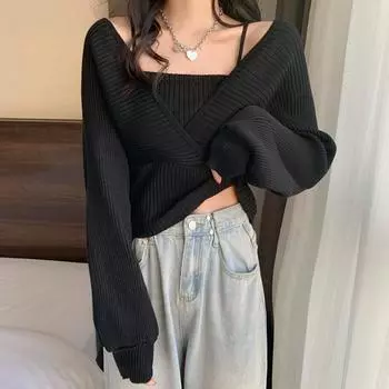 Поддельные два свитера, женские весенне-осенние вязаные свитера с v-образным вырезом, корейские короткие пуловеры One Size белый