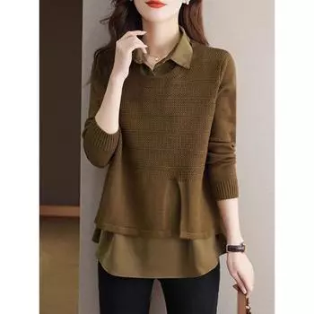 Поддельные два топа женская мода иностранный стиль свободный живот одежда вязаный свитер весна и осень новый нижняя рубашка S бежевый