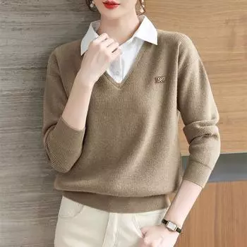 Поддельные два трикотажные свитера топы женские модные длинные рукава свитера больших размеров рубашка однотонные базовые пуловеры One Size(40-65kg) красный