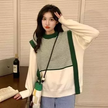 Поддельные два вязаных свитера женский дизайн Sense жилет сращивание круглый вырез топ колледж стиль повседневный женский свитер одежда S чёрный