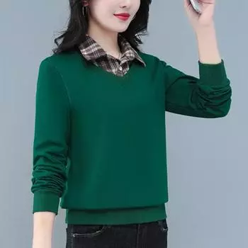 Поддельные две части клетчатый фонарь пуговицы длинный рукав весна осень отложной воротник пуловер женская одежда повседневные топы L коричневый