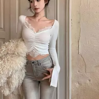 Поддельные две части кружева с длинным рукавом рубашка V-образный вырез тонкий укороченный топ стильный оборчатый женский пуловер L чёрный