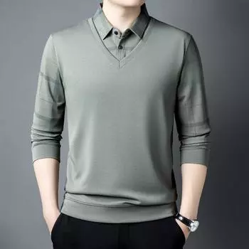 Поддельные две части мужская одежда весна осень отложной воротник пуговицы длинный рукав свитер повседневная официальная футболка деловые топы L зелёный