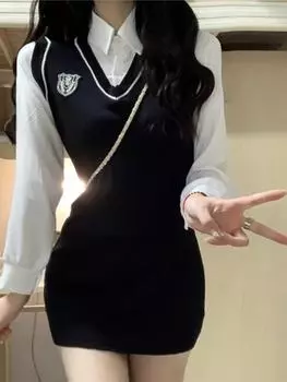 Поддельные две части Y2k эстетика Harajuku трикотажный жилет женские платья пэчворк тонкий милый отложной воротник модное платье S чёрный