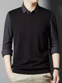 Поддельные две длинные рукава мужская майка новый трикотаж теплая рубашка осень и зима толстый свитер мужское нитяное пальто M