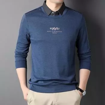 Поддельные две футболки мужские осенние с надписью рубашка воротник нижняя часть верх рабочая деловая футболка M