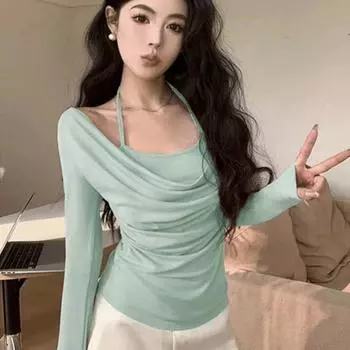 Поддельные две футболки с длинными рукавами и висячим воротником для женщин Pure Desire Wind and Wave Neck Base Shirt Sexy Temperament Top S мятный