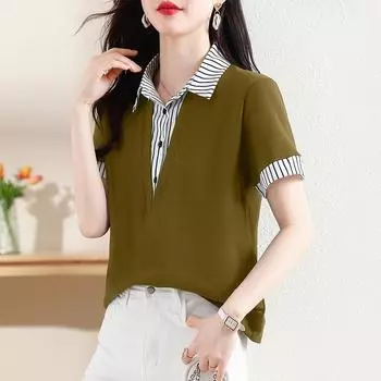 Поддельные две рубашки, женская хлопковая футболка с коротким рукавом, летняя мода, хлопковая свободная блузка с полосатым воротником в стиле вестерн и рубашки M синий