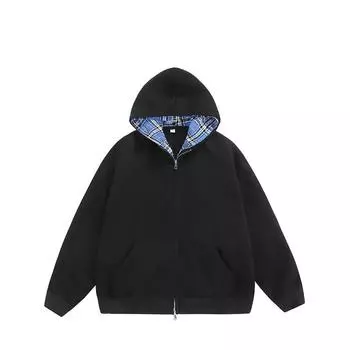 Поддельные две толстовки с капюшоном Trend Bran Highend American Retro Клетчатая лоскутная куртка Кардиган Топ M серый