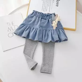Поддельные две юбки для девочек, брюки, весенне-осенние детские повседневные леггинсы, джинсовая юбка с рисунком кролика для маленьких детей и трикотажные брюки 80 синий