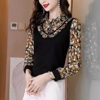 Поддельные двойные топы с цветочным принтом для женщин, весенне-осенняя новая модная универсальная футболка для мам с длинными рукавами, топ M-3XL M синий