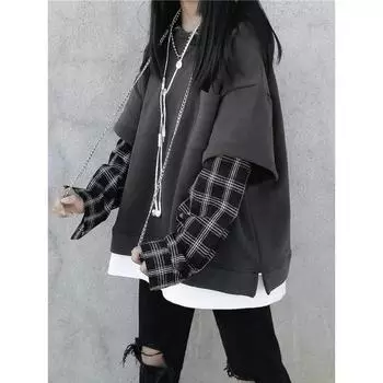 Поддельные двухкомпонентные толстовки с капюшоном для женщин Harajuku, клетчатые толстовки в японском стиле Kawaii, повседневные пуловеры, топы, серые, большие размеры, базовые толстовки с капюшоном S чёрный