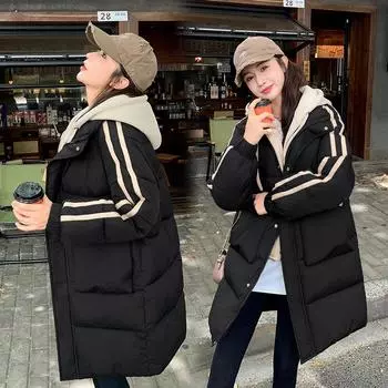 Поддельные двухкомпонентные утепленные женские куртки 2024 года, средние и длинные, зимние утепленные куртки, новые утепленные куртки, свободное пальто с капюшоном, c M чёрный