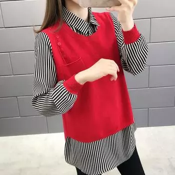 Поддельные двухсекционные полосатые рубашки-свитера женские с воротником-лацканом и длинным рукавом пуловеры топы верхняя одежда весна-осень вязаный свитер One Size(45-66kg) красный
