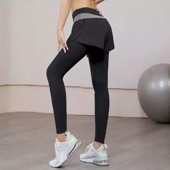 Поддельные двухсекционные штаны для йоги с высокой талией, подтягивающие бедра, дышащие быстросохнущие спортивные штаны для танцевального тенниса S чёрный