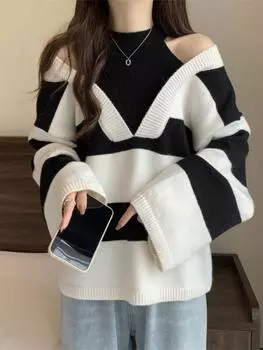 Поддельные двухсекционные свитера с открытыми плечами для женщин, контрастные полосатые свитера, осенние свободные женские шикарные топы S чёрный