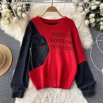 Поддельные джинсовые лоскутные трикотажные комплекты из двух частей с нишевым дизайном, свободные корейские топы с длинными рукавами и круглым вырезом