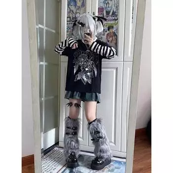 Поддельные футболки из двух частей в стиле пэчворк Y2k Harajuku, осенние футболки с длинными рукавами и буквенным принтом, свободные повседневные японские женские топы S чёрный